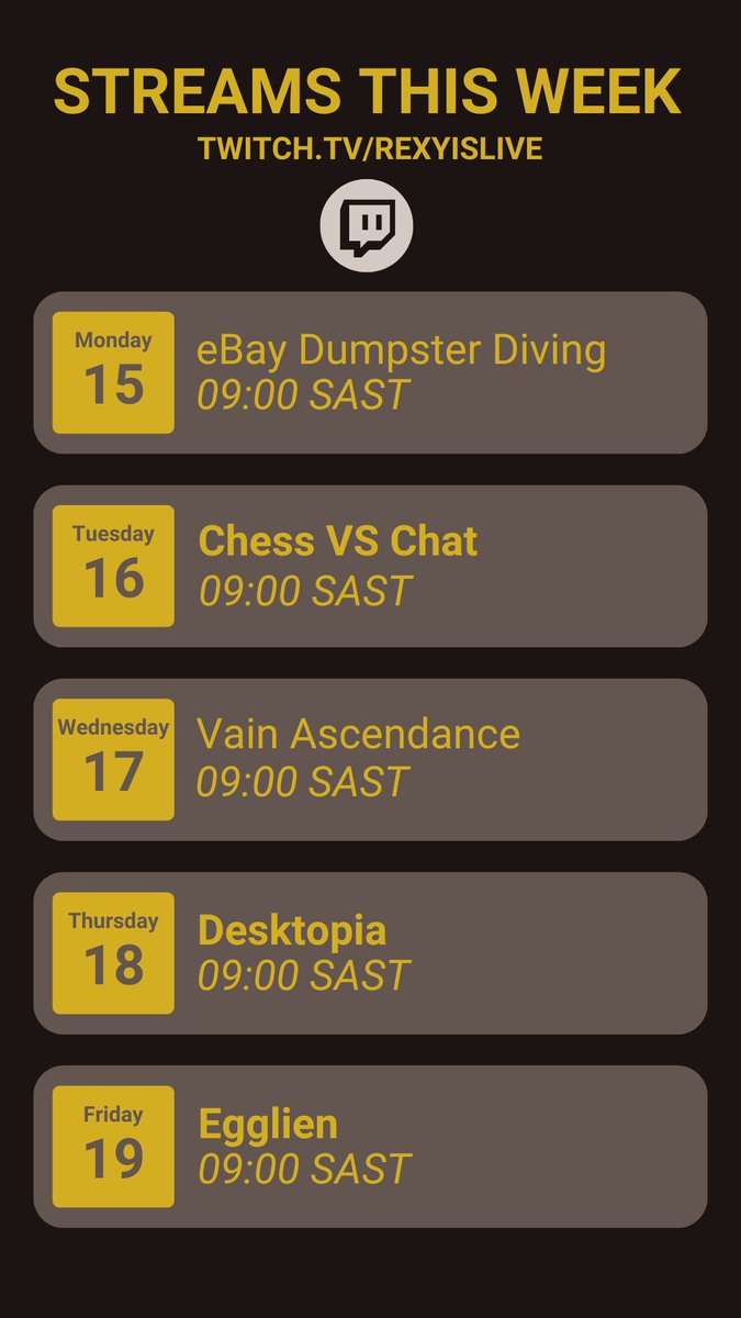 RexyIsLive's tweet photo. Upcoming Streams this week!

SAST = UTC +2

https://t.co/qZq4bxSmwB

Times can change at short notice due to power outages (#loadshedding)

#Twitchza #VainAscendance #egglien #Desktopia #chessvschat 

Colour Palette: #voltagewarning https://t.co/zUicL81aMh