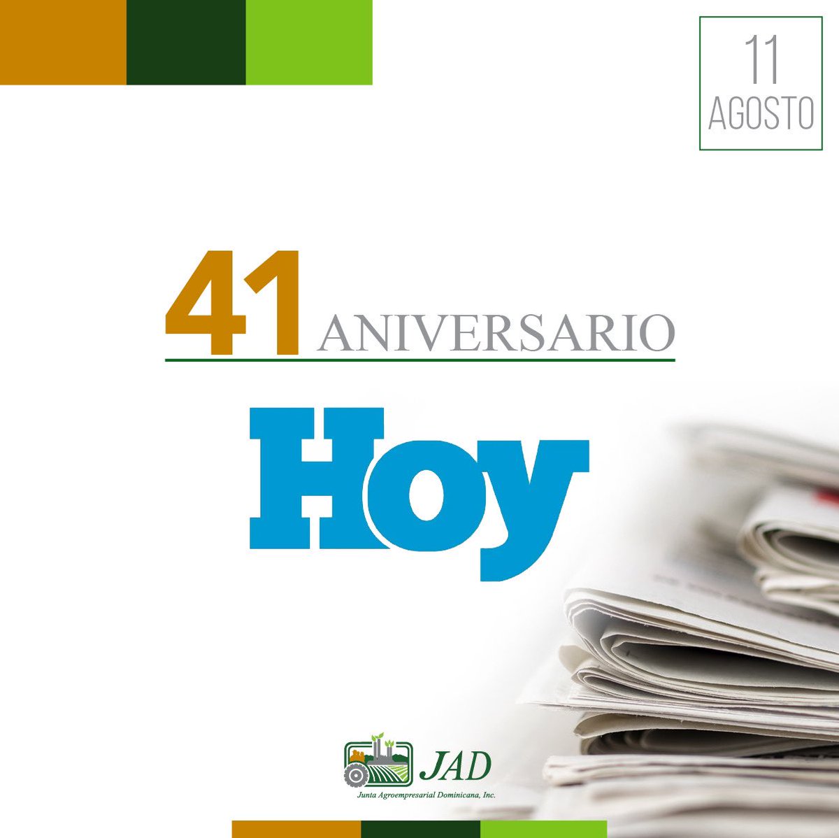 jad_agroempresa's tweet photo. #JADFelicita al @PeriodicoHoy por sus 41 años apegados a los valores éticos del periodismo, manteniendo a los dominicanos siempre informados. https://t.co/XXgngOm5nP