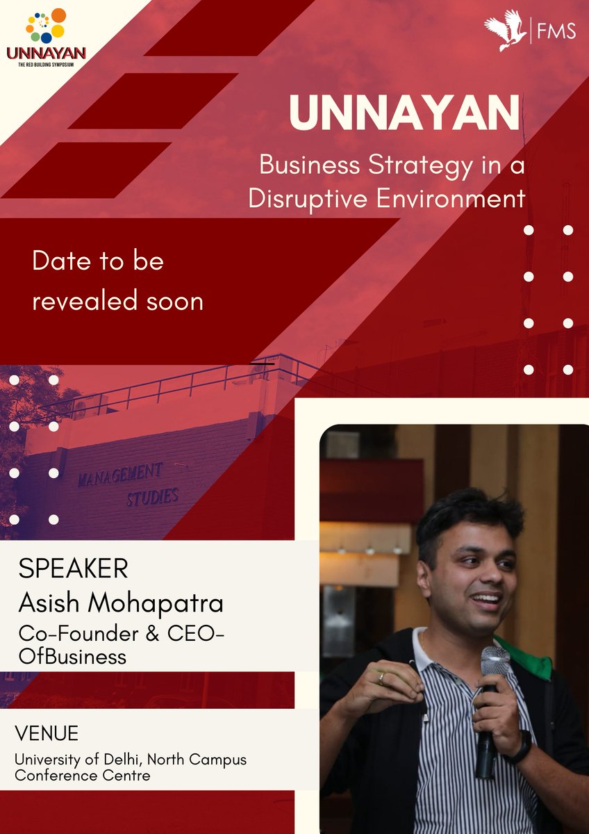 FMS_Delhi's tweet photo. We are proud to announce the second season of "Unnayan" - The Red Building symposium.
Announcing our third guest for the season - Asish Mohapatra, Co-Founder & CEO at OfBusiness
Stay tuned for more details.
#FMSDelhi
#TheRedBuildingOfDreams
#LifeAtFMS https://t.co/jJxG5q1dq3