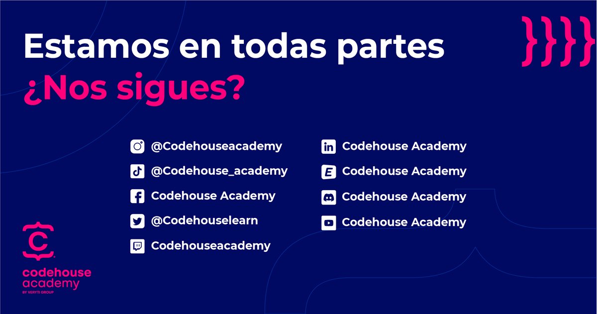 CodeHouseLearn's tweet photo. ¡#CodeHouse está en todas partes! 🚀
Queremos que sigas están al día de todo lo que ocurre en nuestra #academia, y por ello te facilitamos TOOODAS las vías para encontrarnos 😜
🤔 🤔 ¿Dónde más creeis que deberíamos estar presente?
#rrss #programacion #bootcamp #it https://t.co/KkcTeRb7Hq