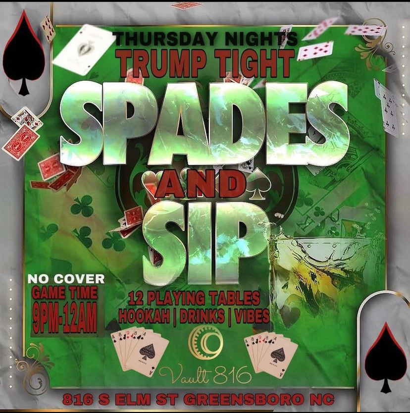 MrKaress's tweet photo. Thursday night Aug 11th #KaressEnt Presents #SpadesNSip From 9pm - 12a
Theres no cover charge come out play spades sip some liquor smoke some hookah its a chill vibe on Thursday nights @ #VAULT816
#NCAT #UNCG #BENNETT #WSSU #336 #Greensboro https://t.co/dcouR8mnoL
