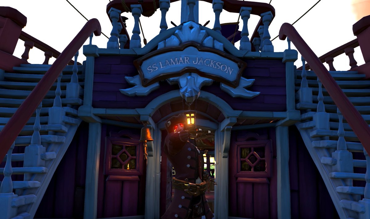 SOT_Shiptalk's tweet photo. Good to be official aboard the SS Lamar Jackson! 

Your ship names or the best you've seen in the wild-- let me hear them.

#SeaOfThieves @SeaOfThieves #BeMorePirate #SoTShot https://t.co/gStFg4MEkG