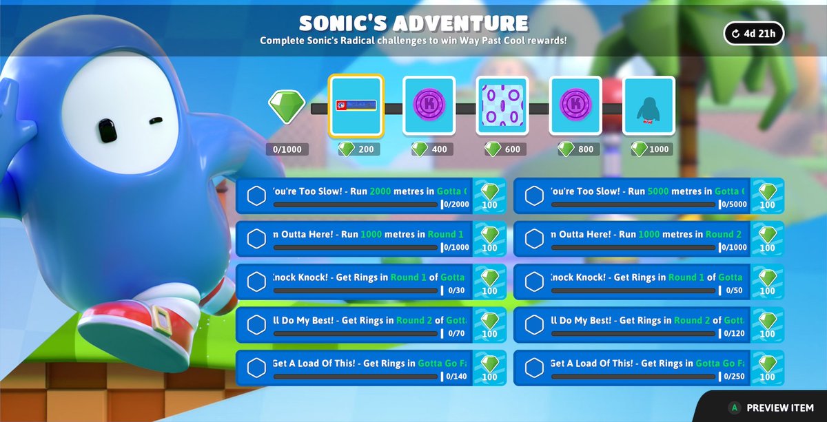 FG___network's tweet image. News: The Sonic's Adventure event is live on Fall Guys!
It features a new show, Gotta Go Fast, as well as new challenges.
Sonic themed skins and an emote is also available at the shop.
#FallGuys #SonicTheHedgehog #Mediatonic #Sega #EpicGames #News