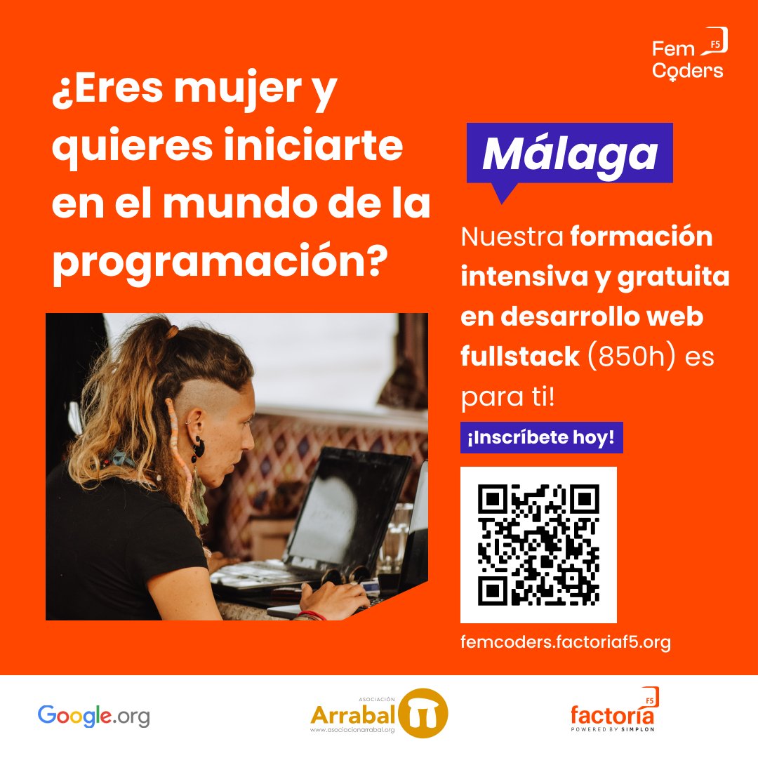 ArrabalAID's tweet photo. Formación #gratuita intensiva en desarrollo web (850h) dirigida exclusivamente a #mujeres en situación de desempleo y con tarjeta de demandante de empleo, residentes en Málaga y provincia. Inicio en octubre 2022. Toda la info e inscripciones en: https://t.co/jrViff499x https://t.co/etafK2qdOT
