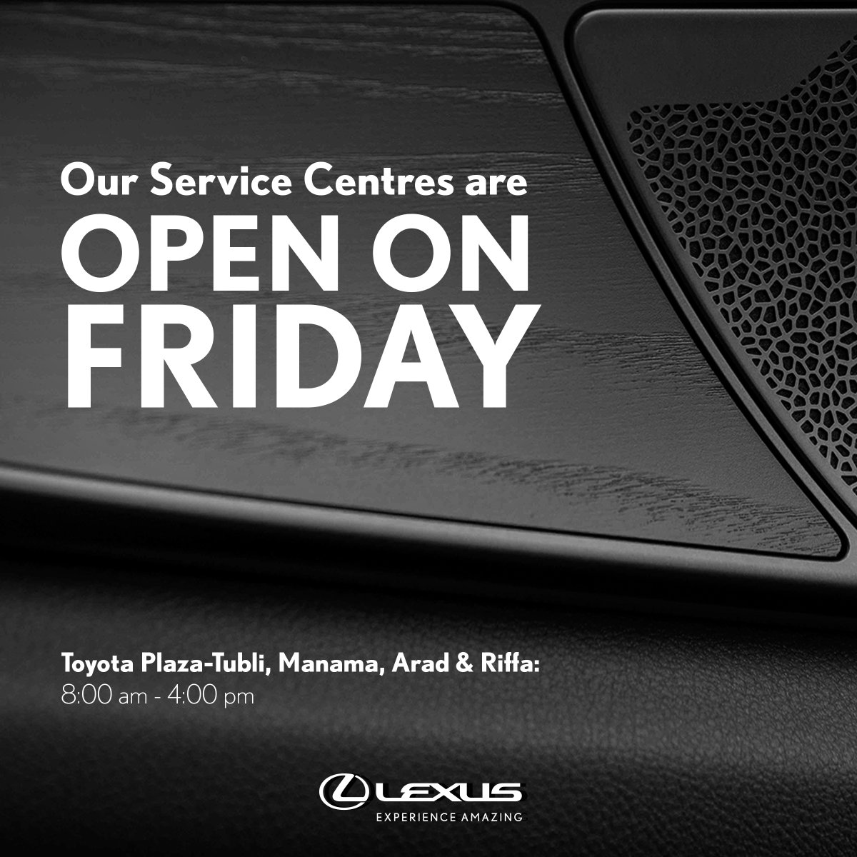 LexusBahrain's tweet photo. نستقبلكم في جميع مراكز خدماتنا أيام الجمعة من الساعة 8 صباحاً حتى 4 عصراً

All our service centres are open on Friday from 8am to 4pm.

#Lexus #LexusBahrain #لكزس_البحرين https://t.co/KPjqrcXqiF