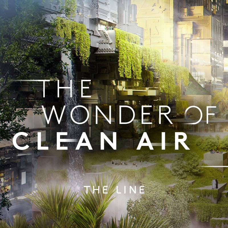 NEOM's tweet photo. A city with clean air for everyone, that uses natural ventilation and produces zero carbon or pollution.  
#TheLINE #NEOM