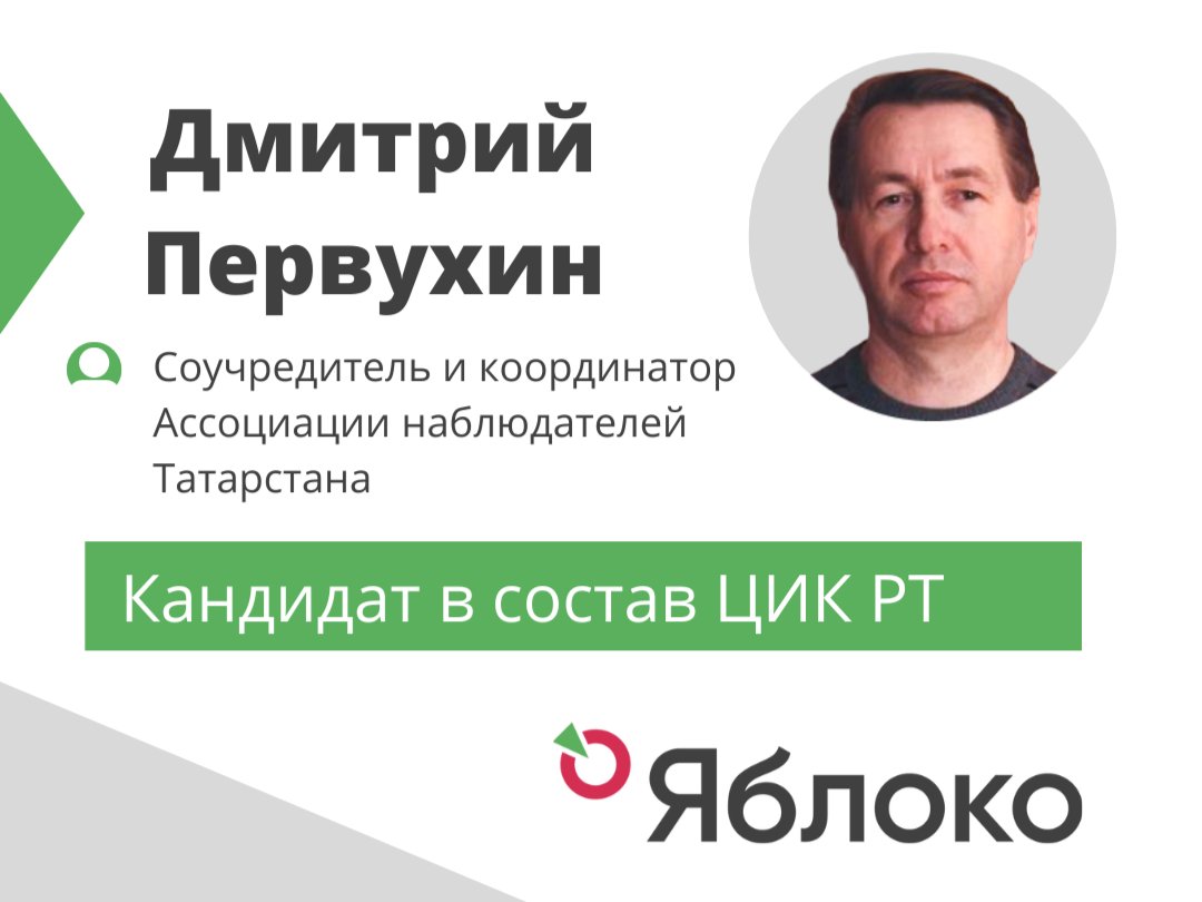 Бюро Регионального Совета партии «Яблоко» в Республике Татарстан выдвинуло в новый состав ЦИК РТ общественного наблюдателя за выборами, соучредителя и координатора Ассоциации наблюдателей Татарстана Дмитрия Первухина.