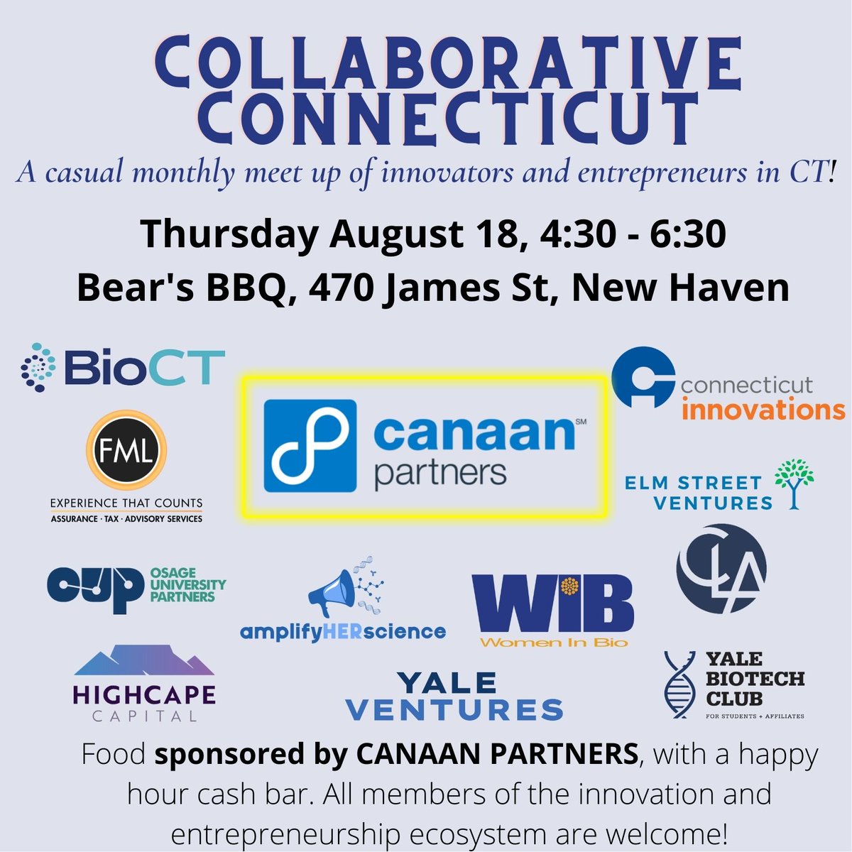 WomenInBioCT's tweet photo. ⏰ We’re counting down the days until our August #CollabCT event! In one week’s time, join us at 4:30pm at Bear’s BBQ for a #networking happy hour with other innovators and #entrepreneurs not to be missed!
📬 RSVP here: https://t.co/zgFwZekHy4
#CT #NHV https://t.co/SH5A69v45a
