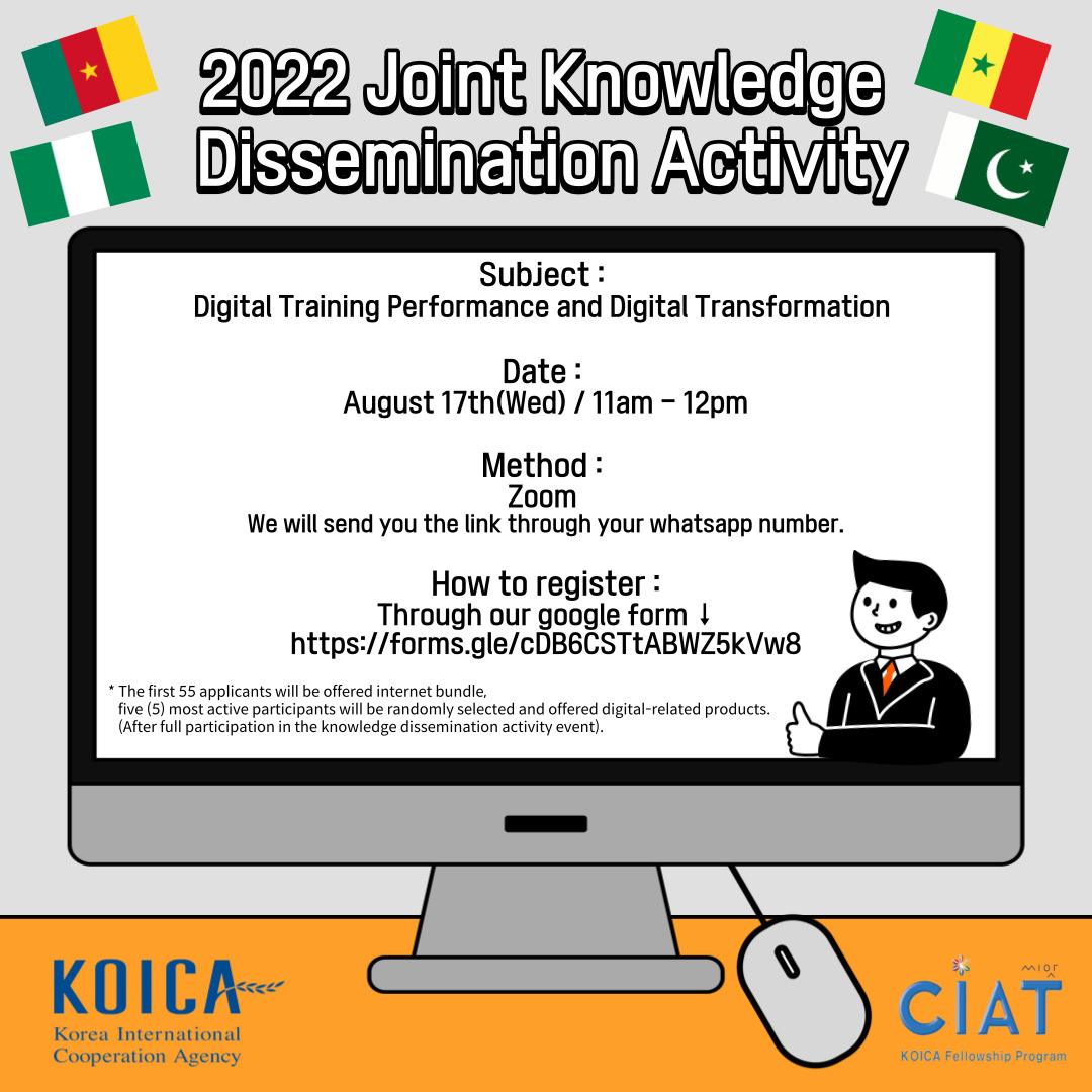 📌KOICA 2022 Joint Knowledge Dissemination Activity📌 📍Subject : Digital Training Performance and Digital Transformation 💻 📍Date : August 17th(Wed) /11am - 12pm 📍Method : Zoom 📍How to register : Please click our google form ❕→ forms.gle/nSkp5ocBvX5Va7… ❕
