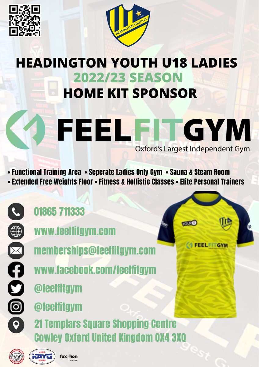 A big welcome and thank you to our main kit sponsor for the 2022/23 season @feelfitgym Your support of the U18 ladies team is very much appreciated 💛💙 Please scan the QR code to see special offers or you can visit the gym website feelfitgym.com