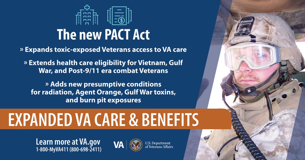 DeptVetAffairs's tweet photo. The PACT Act is perhaps the largest health care and benefit expansion in VA history. Learn more at https://t.co/Y4PrPnuy0f or call 1-800-MyVA411 (800-698-2411). https://t.co/F73a0edbRQ