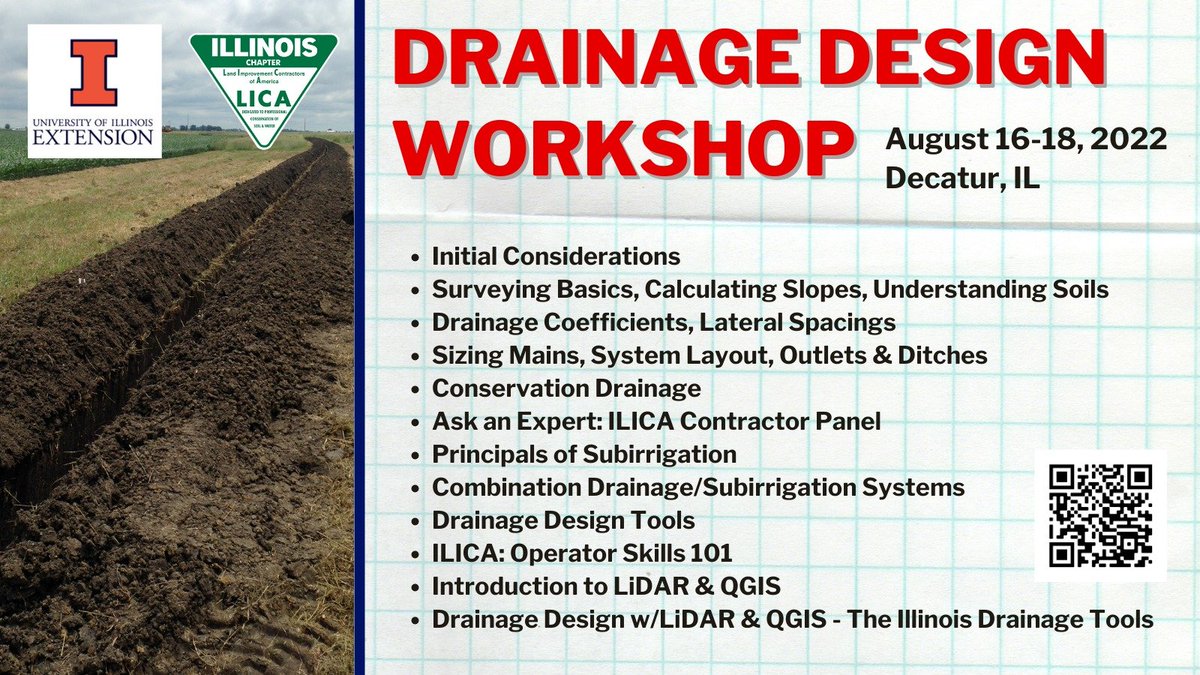 IllinoisLICA's tweet image. 💥Drainage Design Workshop💥
Illinois LICA and University of Illinois Extension are hosting a hands-on, comprehensive training that provides contractors with all tools necessary to design and implement subsurface drainage practices!
Info &amp;amp; registration: form.jotform.com/222014549108045