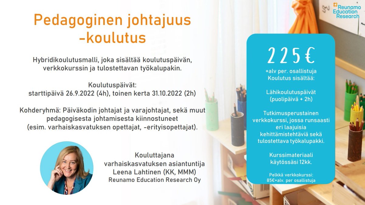 ReunamoEdu's tweet photo. Koulutuspalvelujemme syksy jatkuu hyvällä sykkeellä 26.9. Teamsissä käynnistyvällä Pedagogisen johtajuuden hybridikoulutuksella. Ilmoittaudu mukaan tai kysy lisää jaakko.forsell@reunamoedu.fi https://t.co/Ni47AXllpj
