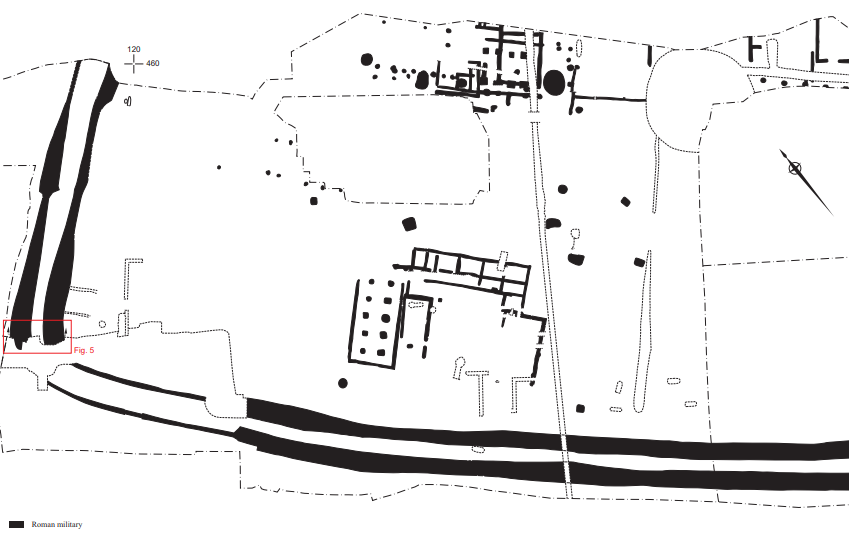 Brittunculus410's tweet photo. A recent discovery for #romanfortthursday, a Legio II Augusta supply base on the road to their fortress at Exeter. One ditch was of Punic profile: easy to jump into but hard to get out of! The idea was that attackers would be trapped and unable to escape fire from the ramparts. https://t.co/ofC6ETa0iE