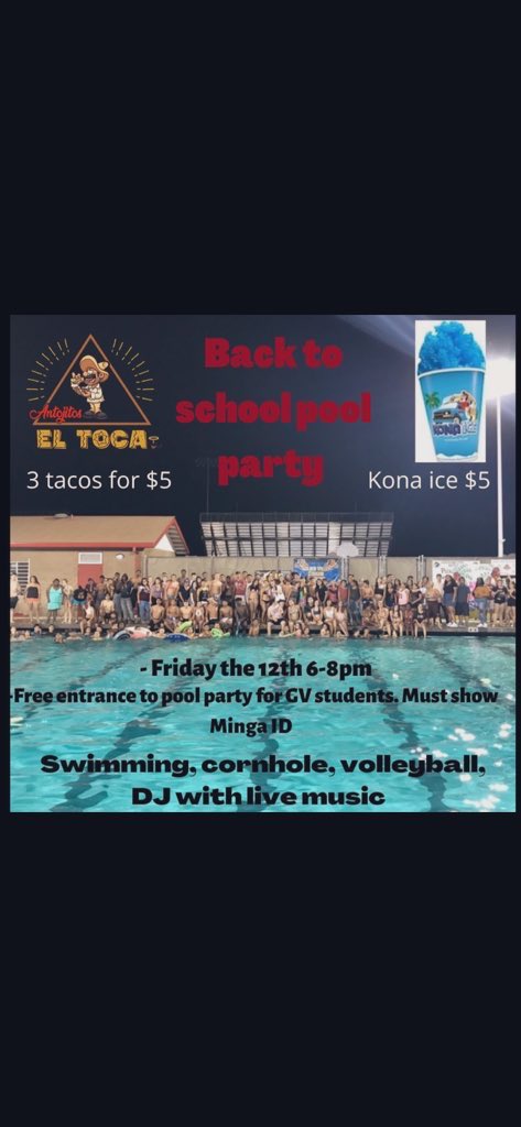GV Back 2 School Pool party this Friday 6-8 pm.