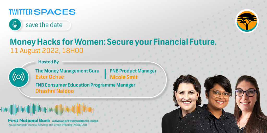 Every queendom deserves a secure financial future 👑Tune into #FNBSpaces tonight @ 18h00 as our financial queens, <a href="/esterochse/">Ester Ochse</a> <a href="/nicole_smit/">Nicole Fisher</a> &amp; <a href="/DhashP/">Dhashni Naidoo</a> discuss the money hacks you can apply to secure your bag 💰