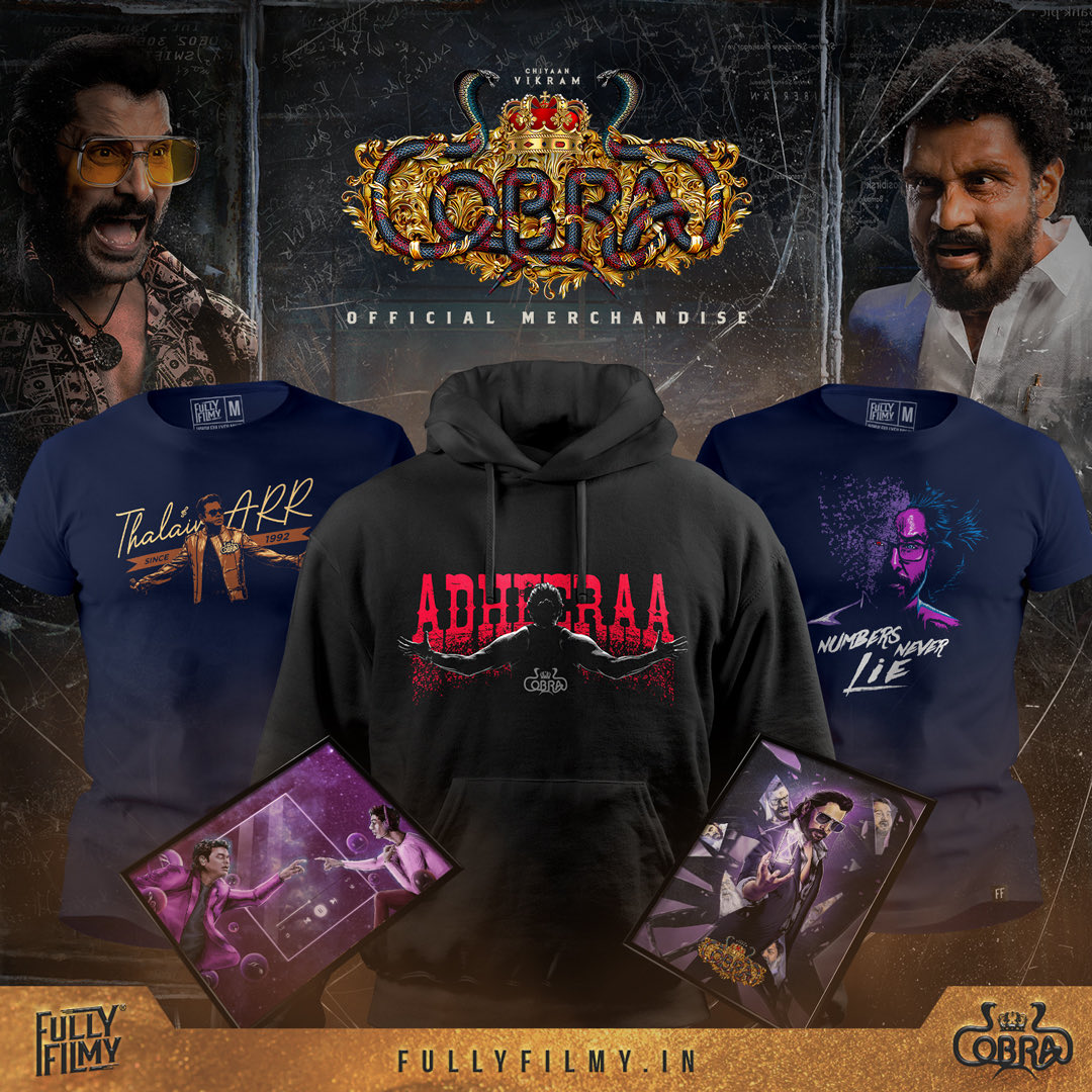 This August 31st, I'll be watching #Cobra 🐍 wearing Cobra Official Merchandise from <a href="/fullyfilmy_offl/">Fully Filmy</a>!
You can get your favourite Cobra Official hoodies &amp; tees here:
bit.ly/FFxCobra 🛍️
#ChiyaanVikram #CobraFromAugust31