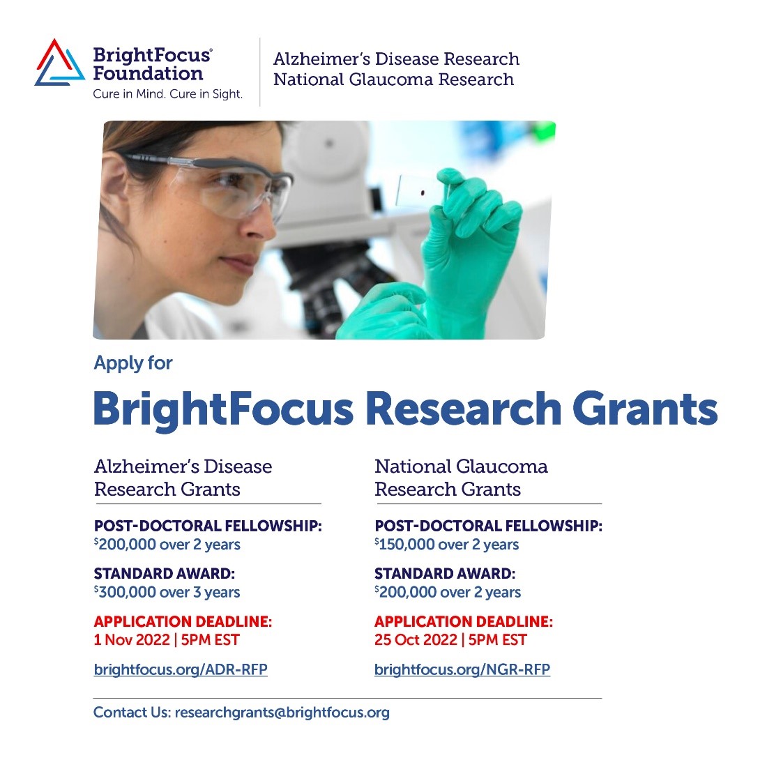 New <a href="/_BrightFocus/">BrightFocus Foundation</a> research grant funding opportunities are available! 

Apply for a #glaucoma research grant by Oct 25: ➡️ bit.ly/3o3HCb0 

Apply for an #Alzheimers research grant by Nov 1: 🔬 bit.ly/3azToqE 

#researchfunding #neuroscience #science