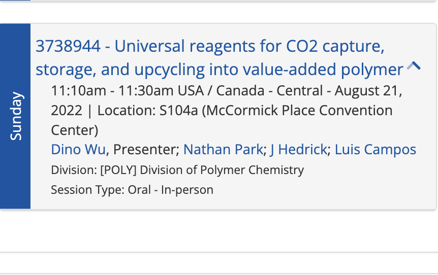 Grateful to <a href="/RCSA1/">Research Corporation for Science Advancement</a> for this opportunity to explore the chemistry of #CO2. To learn about this work, stop by <a href="/WuDinoCU/">Dino Wu</a>'s talk on Sunday, 8/21. <a href="/Chicago_ACS/">Chicago ACS</a>.

Can one do CO2/EtOH chemistry with alcoholic breath? 
Don a mask, grab a seat &amp; find out!
#CarbonCapture #BeGreen <a href="/POLY_ACS/">ACS POLY Division</a>