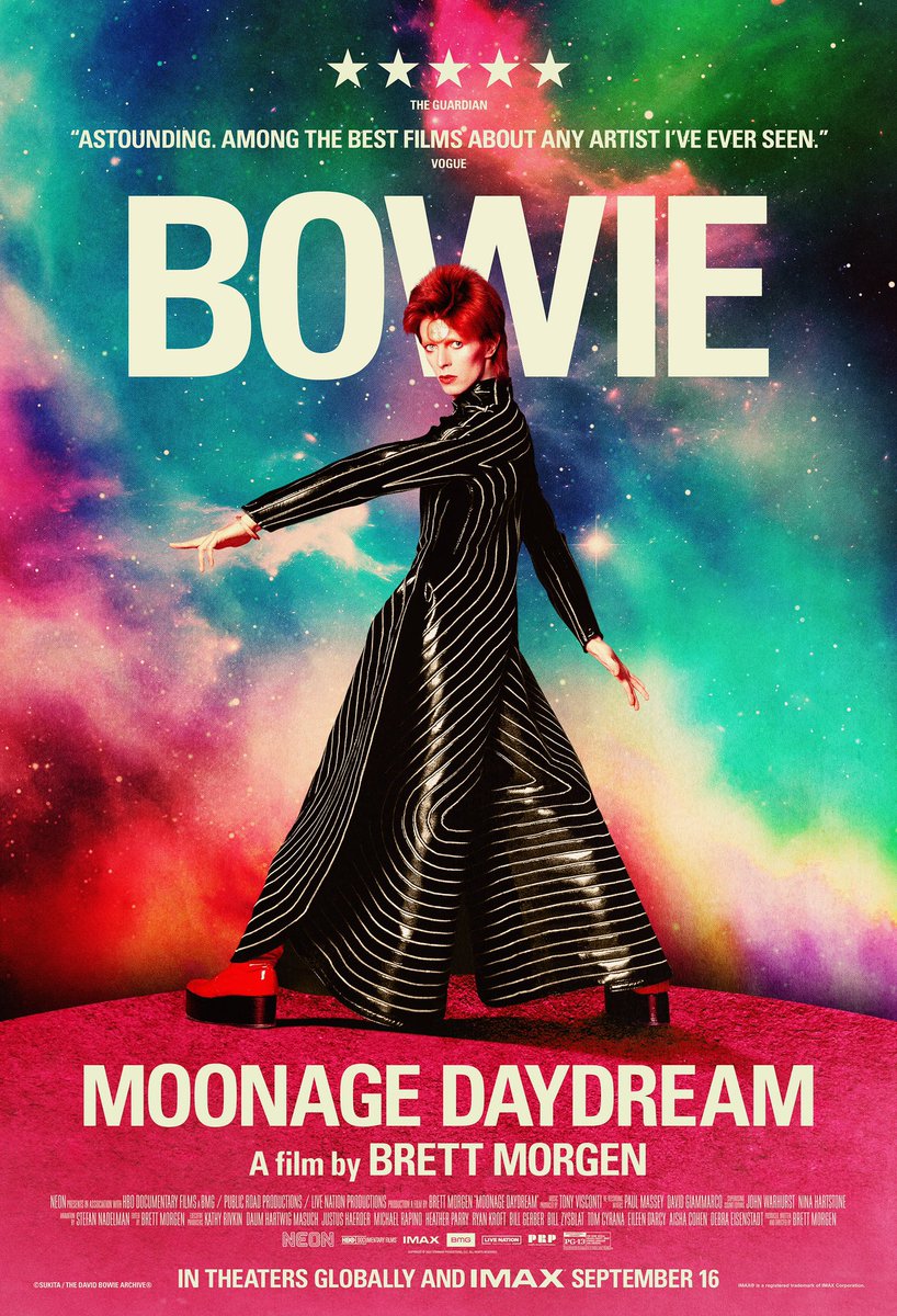 Official poster. MOONAGE DAYDREAM starring David Bowie, Ziggy Stardust, Aladdin Sane, Halloween Jack, the Thin White Duke, the Cracked Actor, and the Blind Prophet. In theaters globally and IMAX 9.16.