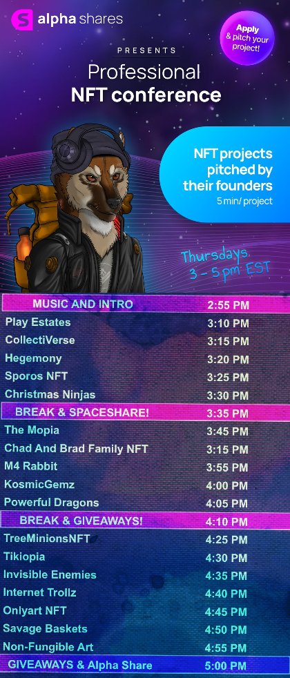 AlphaShares's tweet image. Here's the line up for our NFT Conference!

Alpha Shares 🔺
#NFT Conference August 11th
$100 in #AVAX to one lucky listener!
To enter:
✅Like/RT this post
✅Stay until the end!
Alpha at the end as well 👀
Set reminders TODAY 👇