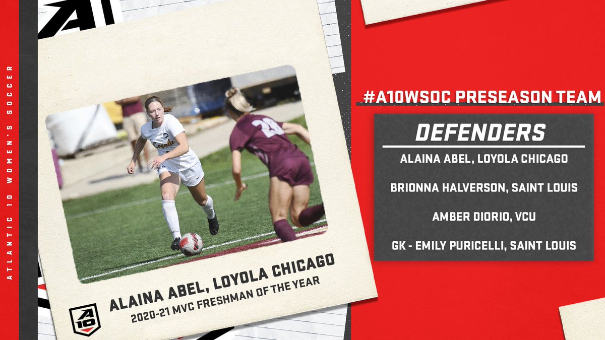 Headlined by Alaina Abel, the 2020-21 MVC Freshman of the Year – your #A10WSOC Preseason All-Conference Team defenders &amp; goalkeeper!