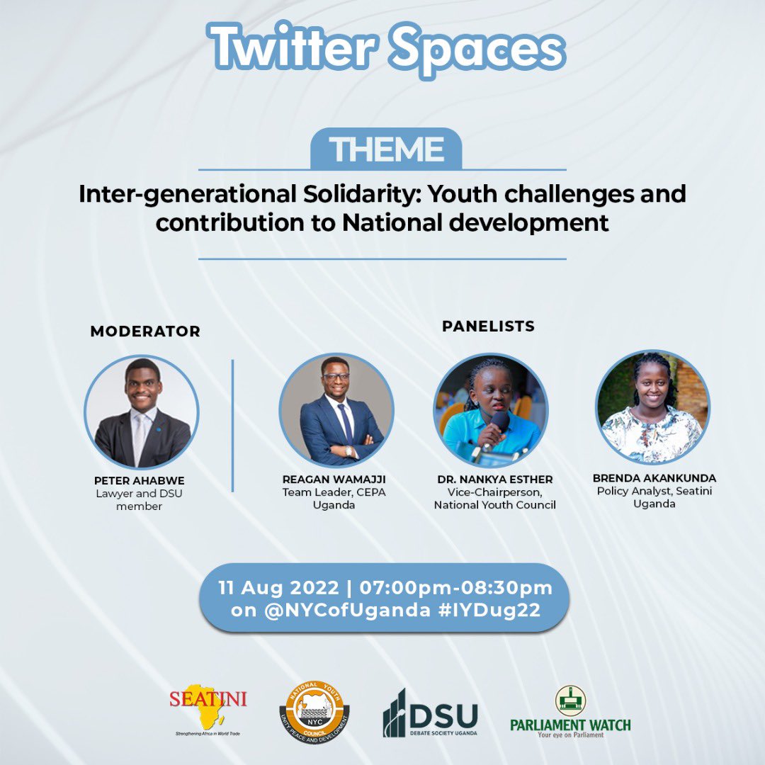 I will be joining @reaganwj2 @nk_essie and @P_Ahabwe  this evening on a Twitter space tackling some of the youth challenges ahead of the International  youth day organised by the @NYCofUganda
#IYDug22