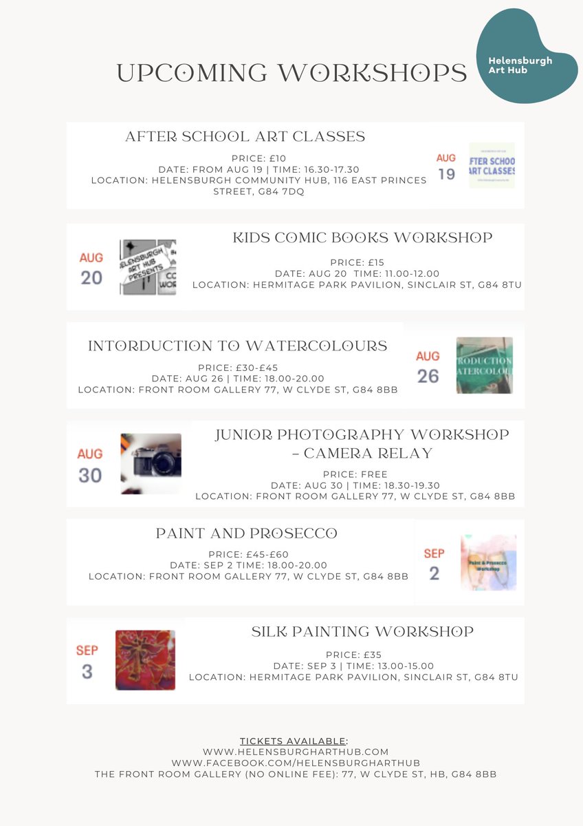 Looking for workshops? We've got some ideas for you! Sign up to your favourites on our website: helensburgharthub.com or pop into our gallery and avoid the online ticket fee: <a href="/FrontRoomGllry/">Front Room Gallery</a>