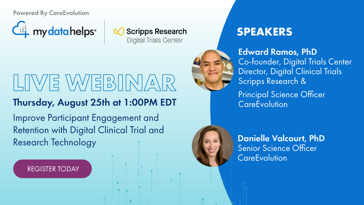 MyDataHelps's tweet photo. WEBINAR: Join @careevolution 's @DanielleValcou2 and @ScrippsDTC 's @ERamosPhD to learn how digital clinical trial and research technology can improve your participant engagement and retention.

Reserve your spot today: https://t.co/Yv8Z3sBgS6

#ClinicalTrials #clinicalresearch https://t.co/9kQJfCfCLh