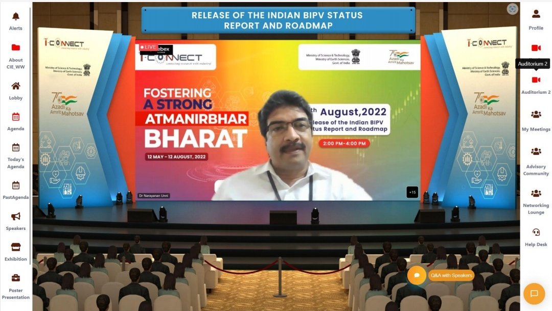 i_Connect75's tweet photo. Highlights from today's @i_Connect75 online event #2 - Release of the Indian BIPV Status Report and Roadmap.

#iconnect75 #AzadiKaAmritMahotsav #CSIR https://t.co/qodepybG1z