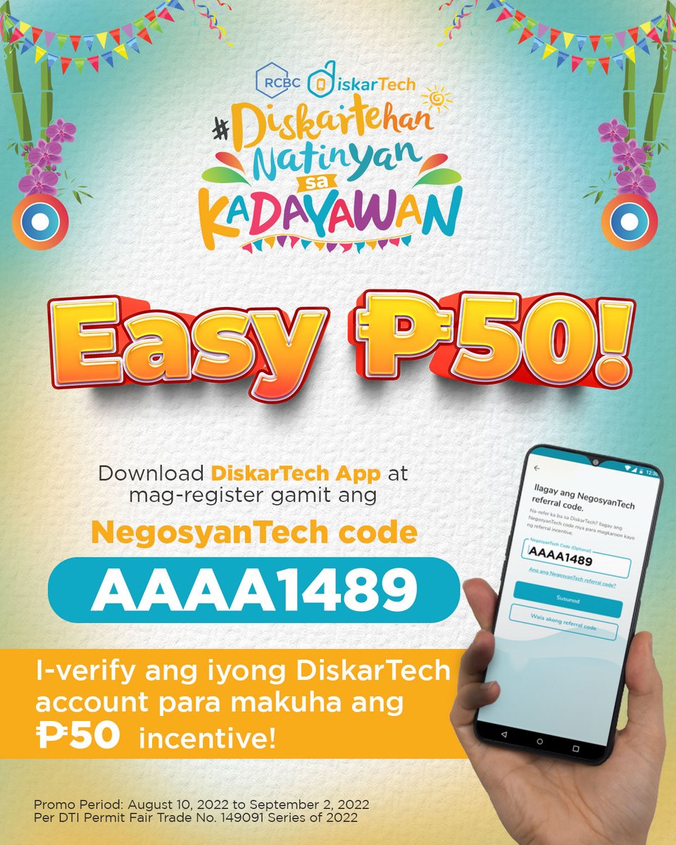 rcbcdiskartech's tweet photo. Nag-open ka lang ng DiskarTech bank account mo, may P50 incentive ka na. Yun oh!
For the full mechanics, visit https://t.co/667GGpkiN7
Download na dis:
Play Store: https://t.co/x9lYoeAaxR
App Store: https://t.co/0YKaU3i0Gm
#DiskarTech #DiskartehanNatinYansaKadayawan #AppNgMasa https://t.co/qwhGtv9aB7