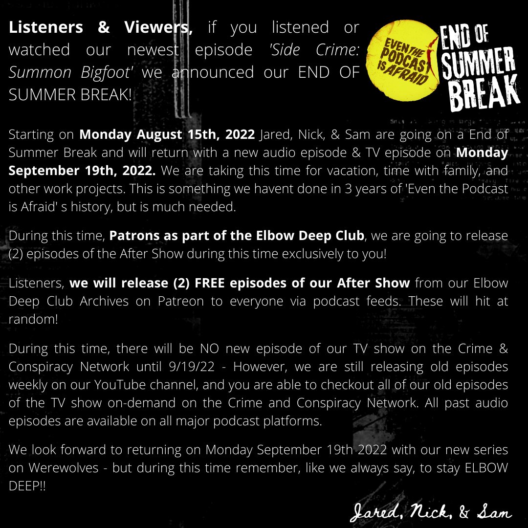 ANNOUNCEMENT! Please read the message below

💀Listeners &amp; Viewers, we are headed on an End of Summer Break starting on 8/15/22 &amp; will return on 9/19/22 with new episodes - All the info is below &amp; remember to stay ELBOW DEEP!!

#podcast #announcement #podcasts