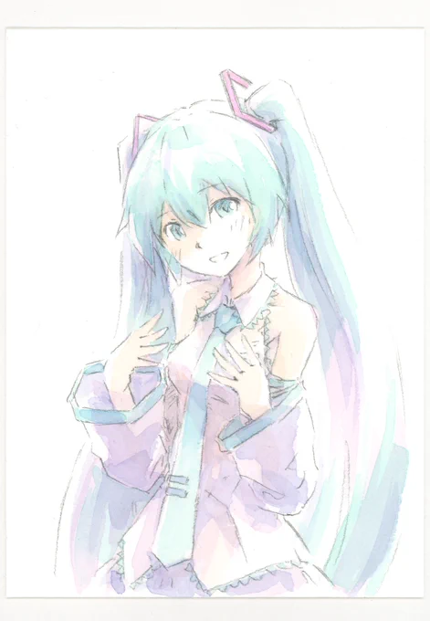 で、肌色とかミク色とか濁らせたくない色を置いていきます。この段階で結構完成が見えてきてるでしょ? 