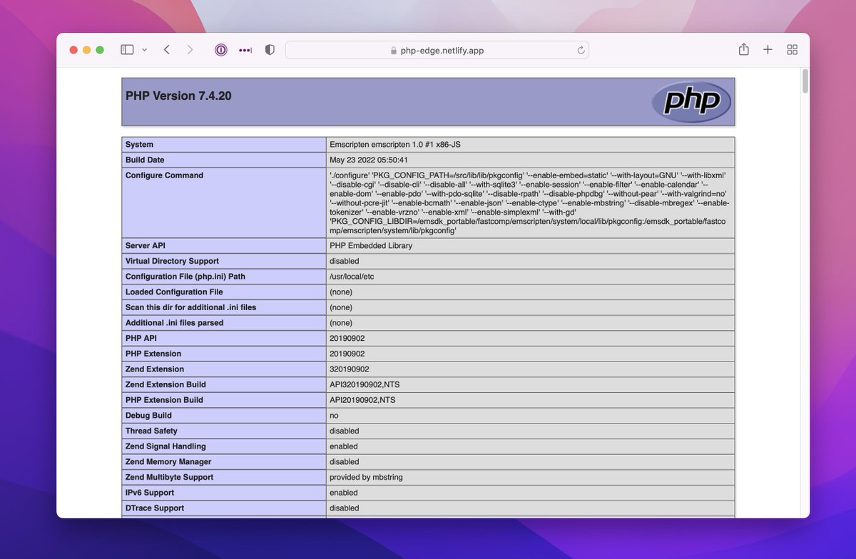 ascorbic's tweet image. Netlify Edge Functions support WebAssembly, so you can be one of the cool kids running PHP at the edge right now!

Try it out: php-edge.netlify.app
See the code: github.com/ascorbic/php-e…