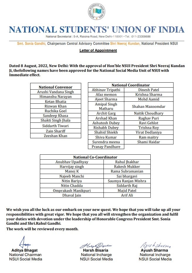 RewaUniversity's tweet photo. NSUI COMMUNIQUE

Hon'ble NSUI National President Shri @Neerajkundan ji has approved the appointments of National Convenors, Coordinators &amp; Co-coordinators of NSUI Social Media with immediate effect.

We wish you all the very best for your future endavours. https://t.co/aoj0CECsT5