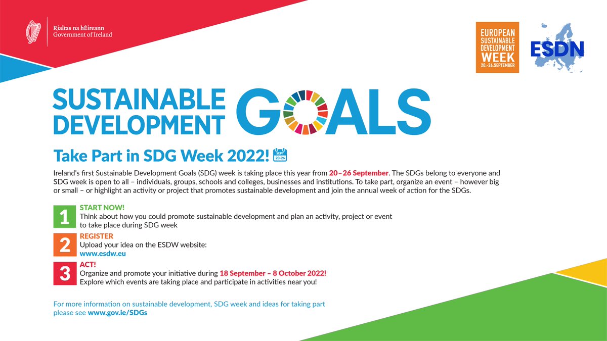 DeptCEE's tweet image. DECC is hosting Ireland’s first Sustainable Development Goals (SDG) week from 20 – 26 September 2022, in conjunction with @EuropeanSDWeek #ESDW.

Register your event now at esdw.eu