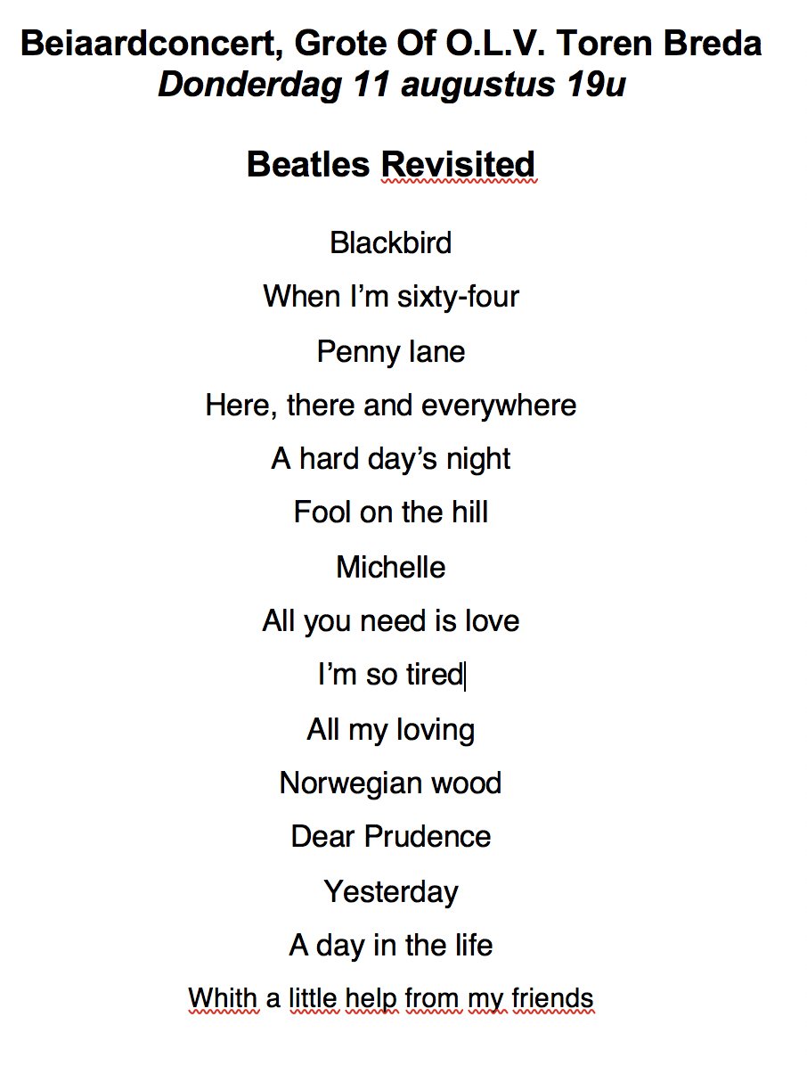 Hier het programma van het #Beatles concert door #beiaardier Paul Maassen vanavond om 19u vanaf het #carillon van de Grote Toren <a href="/Breda/">Gemeente Breda</a>. Kom luisteren in de luistertuin op het Stadserf, of op 1 van de terrassen!
