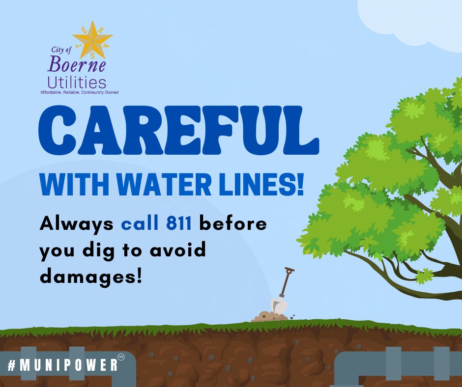 Boerne_TX's tweet photo. It is 8-1-1 day! Always call 811 before you dig to avoid damages! #Call811 #DigSafely #MuniPower https://t.co/6QXO00X1wm