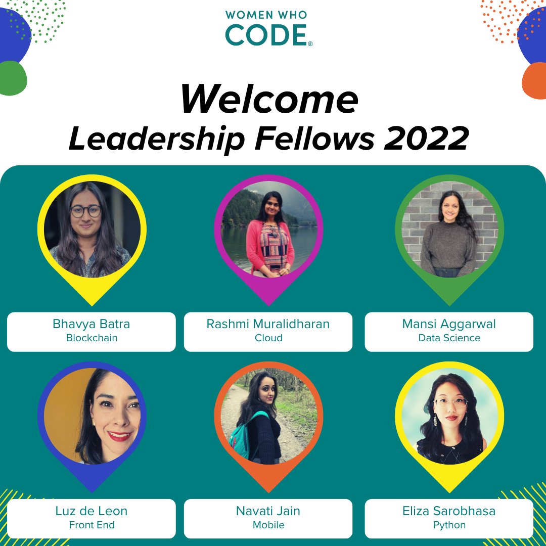 WomenWhoCode's tweet photo. Help us welcome our #WWCode 2022 fellows 
Bhavya Batra, Blockchain
Rashmi Muralidharan, Cloud @rashmimurali
Mansi Aggarwal, Data Science @mansi_ax
Luz de Leon, Front End @luzaracelydls
Navati Jain, Mobile @navbarbar
Eliza Sarobhasa, Python @elizacode

#WomenWhoCode
#womenintech https://t.co/ZQnTm1vHf0