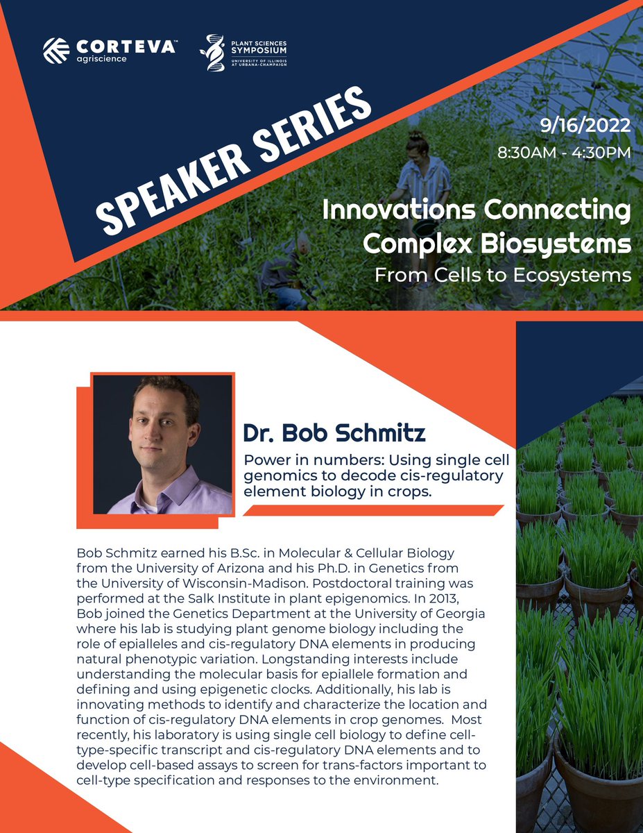 Meet our speakers!
@Schmitz_Lab will be one of our speakers talking about cis-regulatory elements and #epigenetics! Join us to watch his talk and much more!
Registration and abstract submission on our website: symposium.cropsciences.illinois.edu
#plantsciences #plantbreeding #Bioinformatics