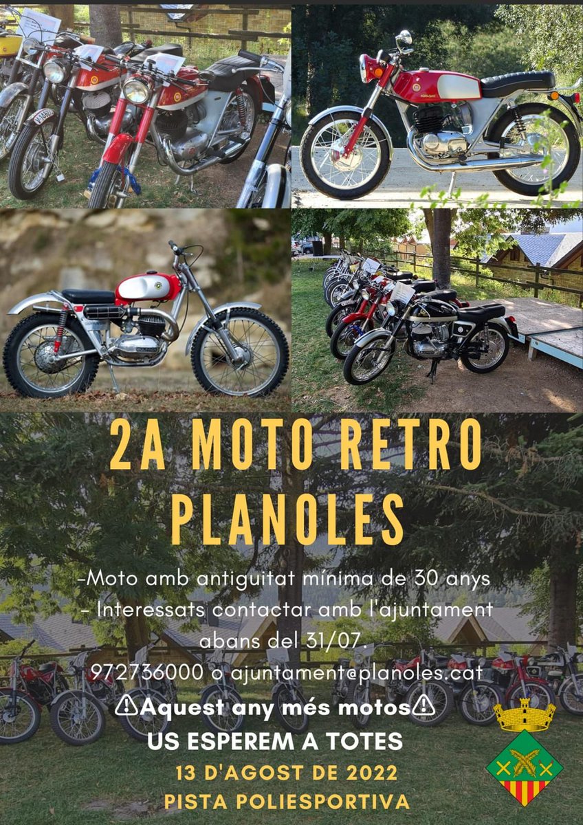 planoles's tweet photo. No us perdeu la 2a Moto Retro de Planoles!
Aquest any hi haura una exhibicio de trial a carrec de Jaume Subira i Oliveras, ex-pilot de trial catala que durant anys 70 i 80.
A part aquest any tindrem motos d'epoca dels anys 20.
Us hi esperem!
#moto #motoretro #FestaMajor https://t.co/HPBeNI7eym