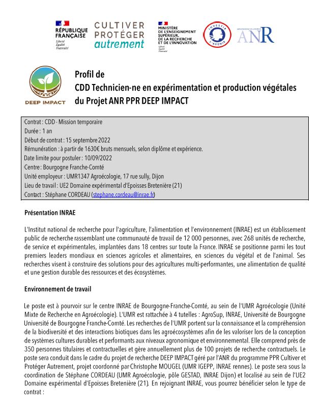 scordeau_inra's tweet photo. #job A POURVOIR DE SUITE !!!!
Offre d'#emploi CDD 1 an
Technicien-ne en #expérimentation et production végétales dans @pprdeepimpact travaillant les liens entre santé des sols (diversité microbienne, microbiote) et santé des cultures (tolérances aux bioagresseurs, rendement) https://t.co/SwAoIIJahR