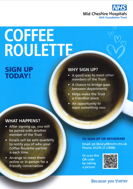 MCHFTJetLibrary's tweet photo. Sign up to the Coffee Roulette today! It's a great way to get to know other members of the Trust.
Sign up form: https://t.co/ygnHmgkUY5 https://t.co/FldF0zmJqr