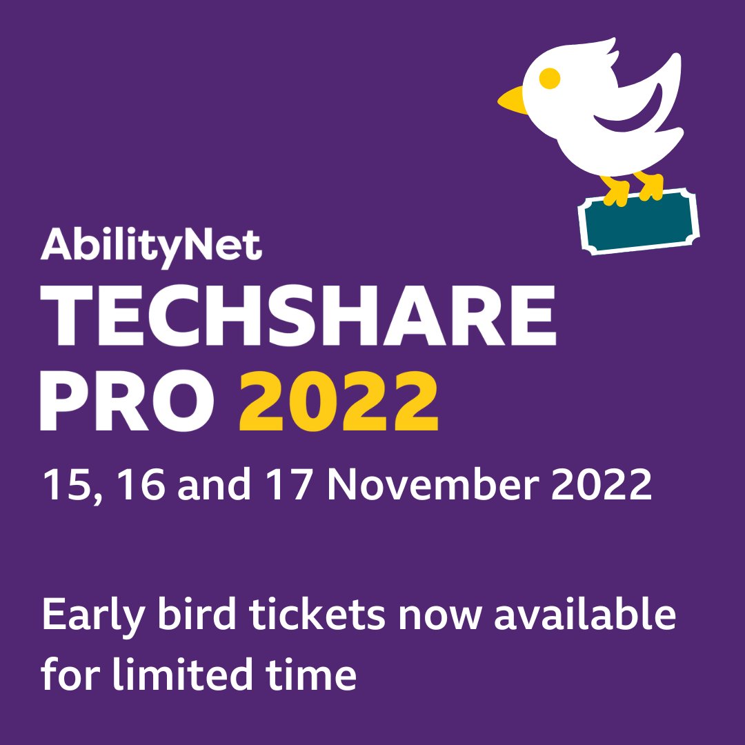 AbilityNet's tweet image. #TechSharePro is back! 

Now in its 6th year, #TechSharePro2022 takes place on 15, 16 and 17 November. #EarlyBird tickets are now available for limited time: abilitynet.org.uk/techsharepro-2…

Be part of Europe’s largest gathering of #Accessibility professionals. #TSP2022 #TSP