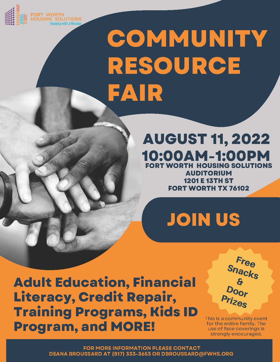 StopSixCNI's tweet photo. DON'T FORGET today's Community Resource Fair (10 am-1 pm) at @FWHSsocial Auditorium (1201 E 13th St). Get info on Adult Education, Financial Literacy, Credit Repair, Training Programs, Kids ID Program and MORE! Free snacks and door prizes! https://t.co/Rl1ttqjBWB