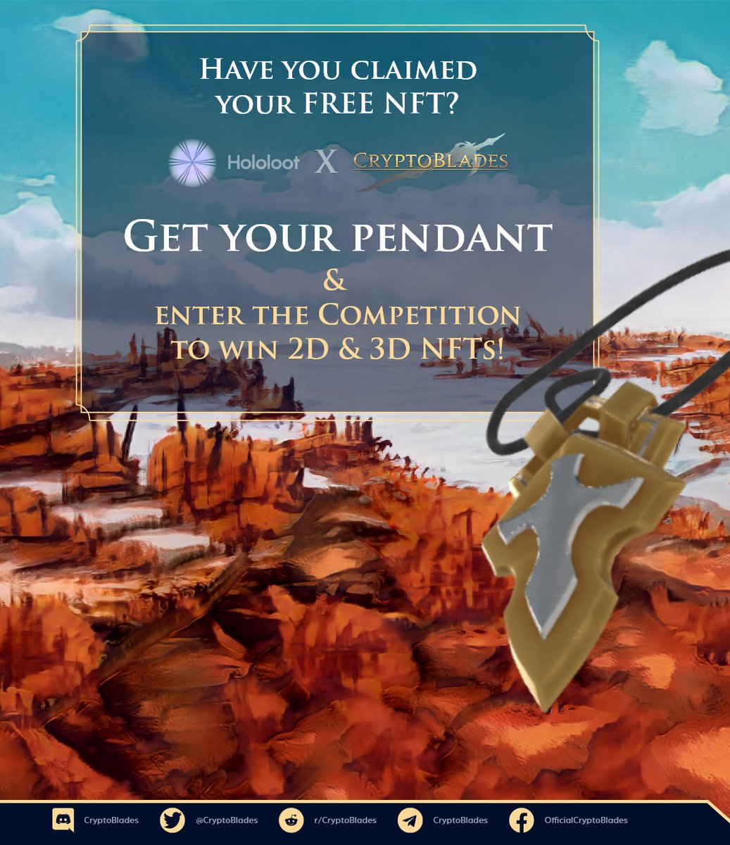 CryptoBlades's tweet photo. ⏰Our contest with @hololoot is ending tomorrow⏰

🏅Rewards: 2D &amp; 3D NFTs, Whitelist spots for #CBKBeta 

1️⃣Claim your free pendant on the #Hololoot app
2️⃣Make a creative #AR video using the Hololoot app:
https://t.co/n4O1CBKxpv

Join us: 👉https://t.co/pYcvQQmNzx
#FreeNFT https://t.co/QbQpxlKExF