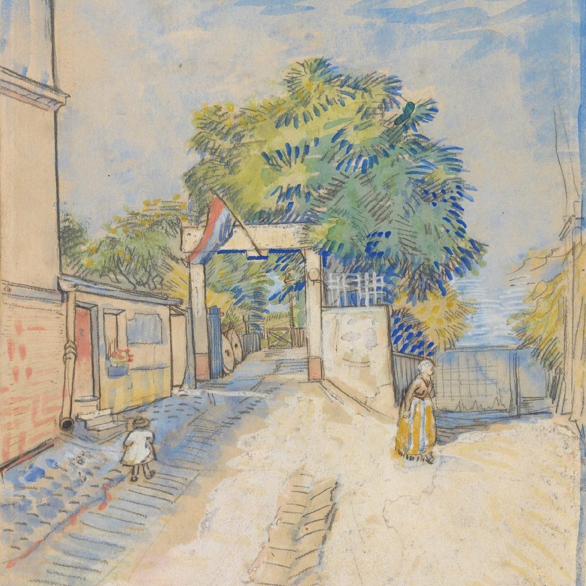 VanGoghPEI's tweet photo. Van Gogh created a number of drawings &amp; paintings on the grounds of the Moulin de la Galette in Paris. 🎨🇫🇷 Could it have been a mistake that the Dutch flag is flying in his painting instead of the French one? 🤔

#vangogh #art #events #PEI #immersive #thursdayvibes #thursday https://t.co/dNTmVye77u