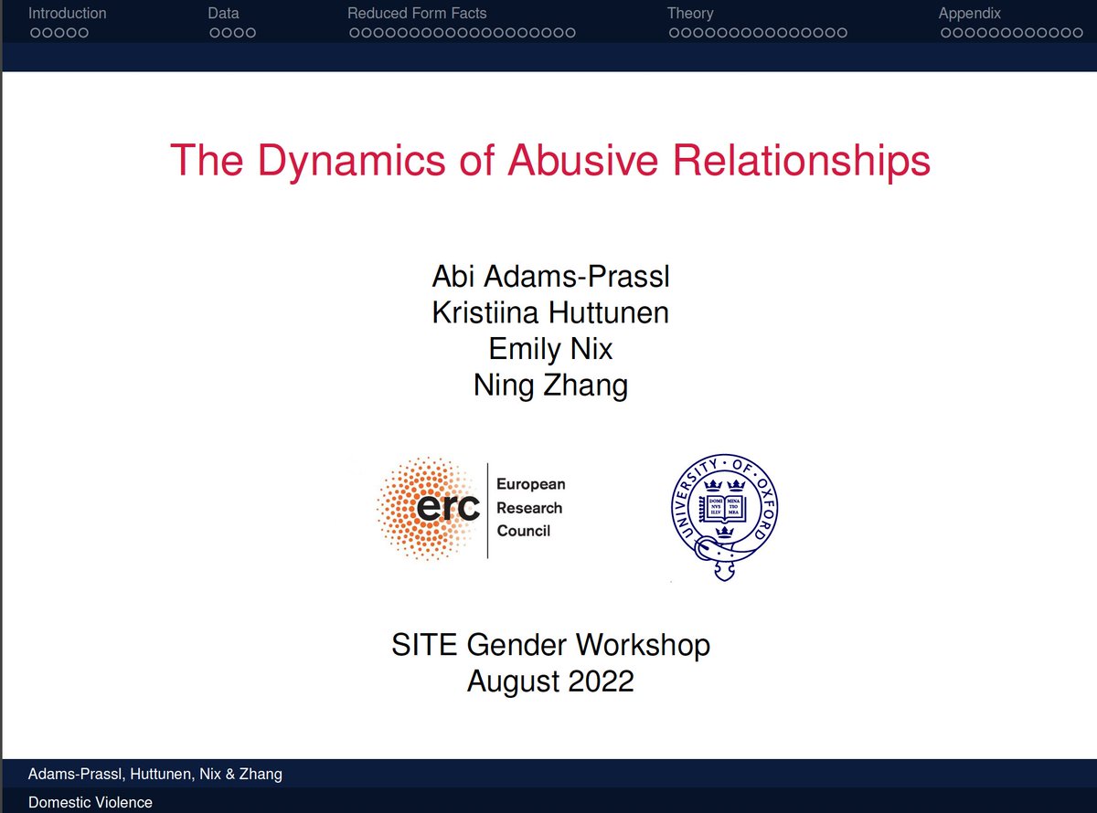 abicadams's tweet photo. What happens to womens economic outcomes right from the start of abusive relationships? What does this mean for econ theory &amp; policy design?

Excited to present new work w/ @EmilyNix100 @ningzhang0927 @KristiinaHuttu2 &amp; engage with the other papers on the program. What a line up! https://t.co/8jCMyRrTpH