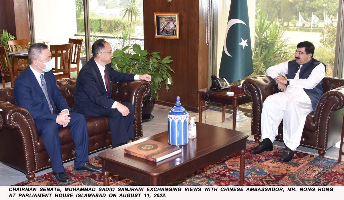 China Envoy in Pakistan <a href="/AmbNong/">Nong Rong</a> called on Chairman Senate M Sadiq Sanjrani at Parliament House. The two sides reaffirmed their resolve to further boost bilateral cooperation in various fields. Sanjrani restated🇵🇰firm support to🇨🇳on core issues of its national interest.