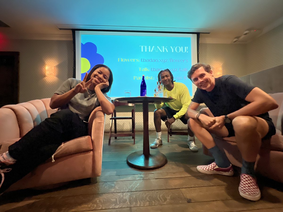 We hosted such a fun and intimate event yesterday in NYC at Ludlow House. We are onboarding 9 new members today by gifting them a @flowersbytba and our $TALK token. 

Our next TALK event is in October. 

Special thanks to our panelists: <a href="/byGoldieHarris/">goldie harris ⚡️</a> <a href="/PatrickWorkman/">Patrick Workman</a> <a href="/Ikenna92/">ikey-ike.eth</a>.